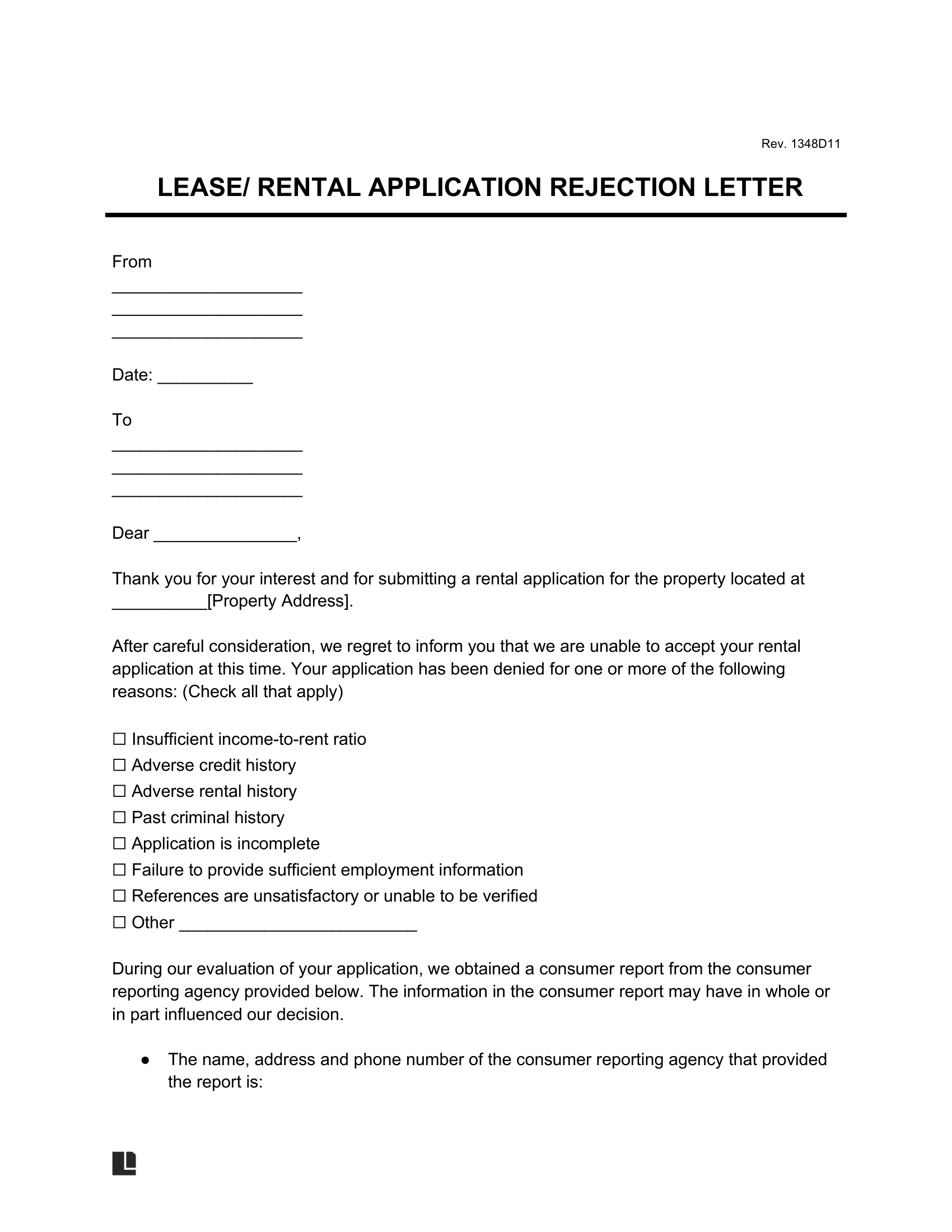 Free Rental Application Rejection Letter